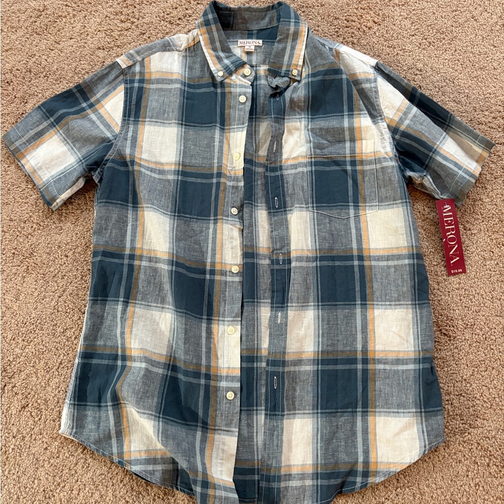 Merona Navy and Beige Plaid Button Down Shirt